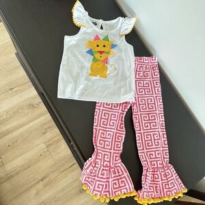 NWOT Girls 3T Mud Pie Tank Top Bell Bottom Set Embroidered Lion Pink Circus
